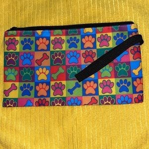 colorful zippered tote,small handle,doggie paw prints- bones,NEW never been used